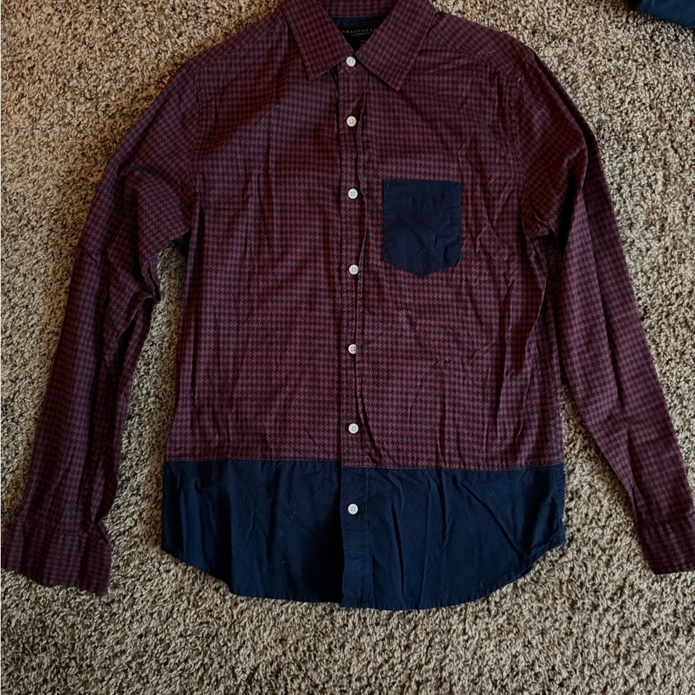 Aeropostale Men's Maroon and Dark Blue Button Down Shirt